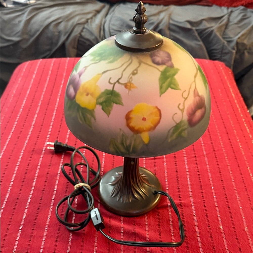 Vintage style reverse hand-painted floral glass table lamp with bronze base
